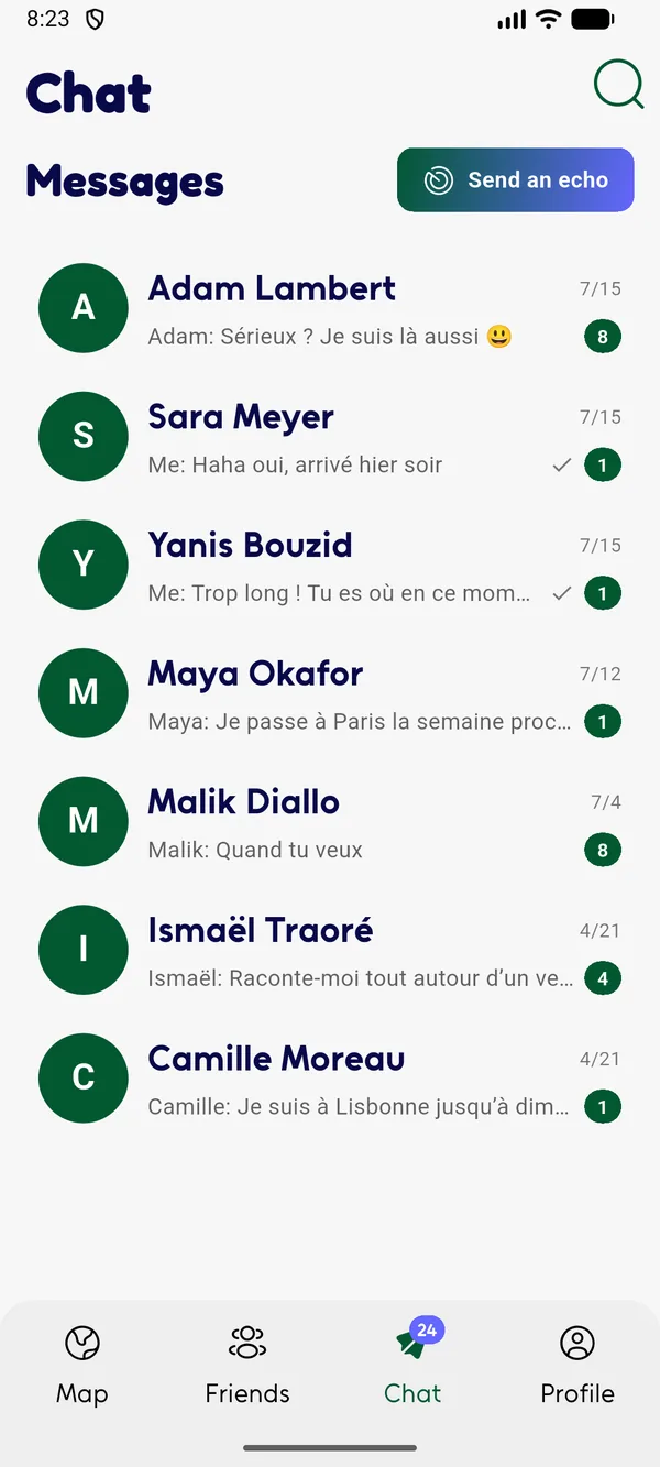 Screenshot of the Gullu app: the conversation list, with messages arranging to meet up again.
