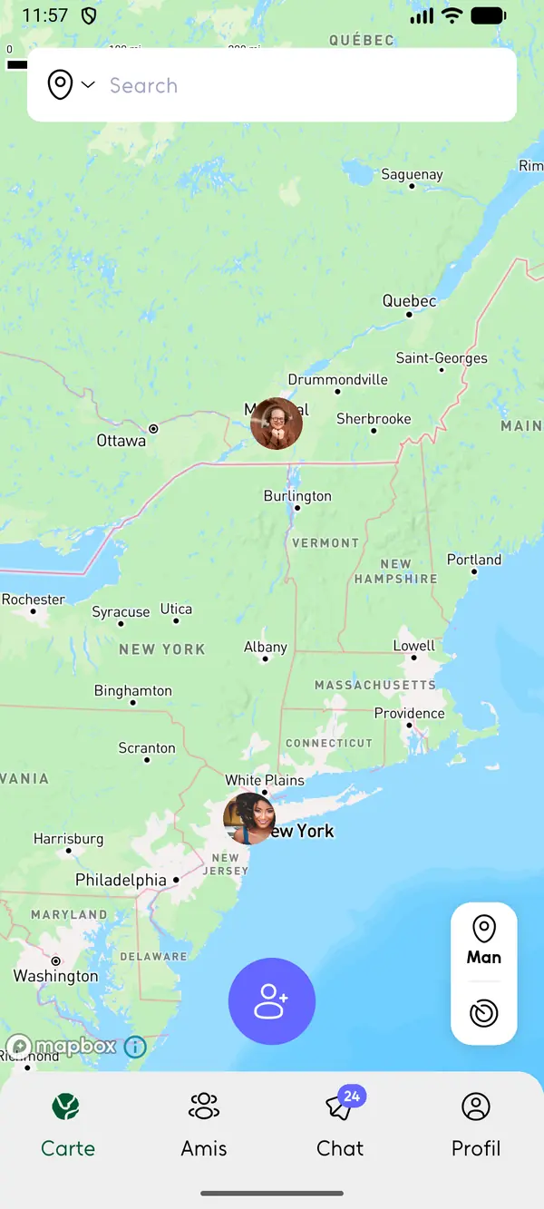 Capture de l’application Gullu : la carte centrée sur la côte est de l’Amérique du Nord, où deux amis apparaissent sous forme de pastilles, à New York et à Montréal.